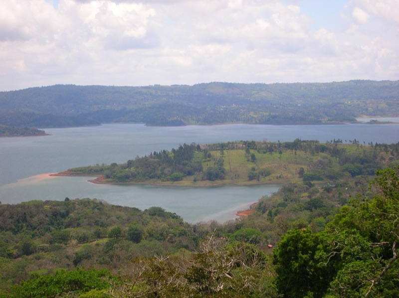 Lake Arenal and green hills seen from the lakeshore road, Costa Rica